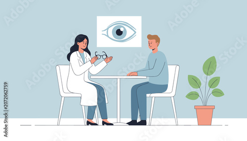 Professional female ophthalmologist showing glasses to a male patient during an eye exam in her clean clinic office.