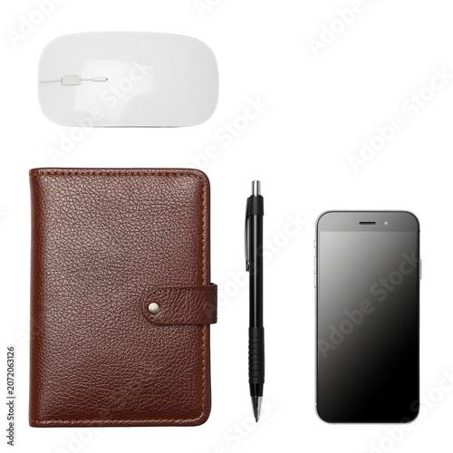 Modern Workspace Elements Set with Wireless Mouse Leather Notebook Smartphone and Pen Isolated