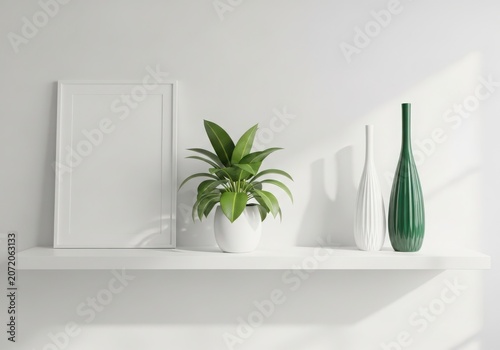A serene white shelf with potted plant and vases on it