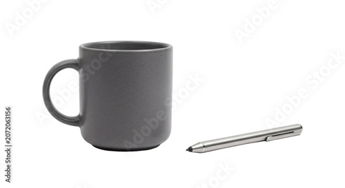 Minimalist Matte Ceramic Mug and Metallic Stylus Pen Isolated on Transparent Background