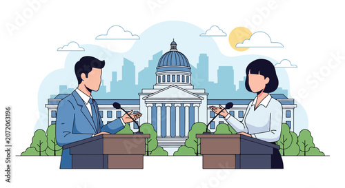 Cuadro en lienzo Flat style vector illustration of political candidates debating on stage before voters during an election campaign event