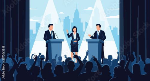 Fotografie Flat style vector illustration of political candidates participating in a moderated debate forum before a live audience