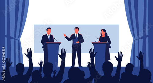 Bild auf Leinwand Flat style vector illustration of political candidates participating in a moderated debate forum before a live audience