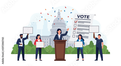 Flat style vector illustration of citizens supporting a voting awareness campaign with political speakers and election messaging. Perfect for democracy promotion, civic engagement programs