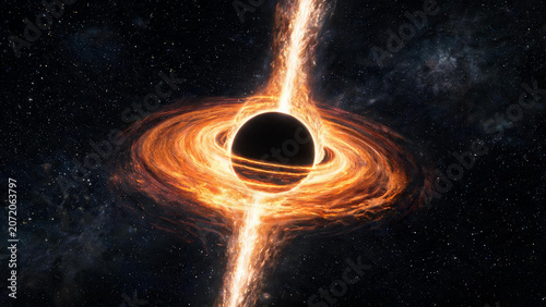 Cosmic phenomenon showcasing a black hole ejecting energetic plasma jets in a stunning deep space environment