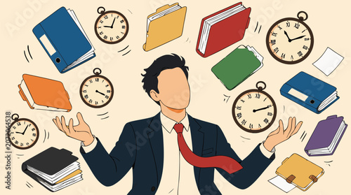 A faceless businessman in a suit juggling flying document folders and analog clock faces, symbolizing multitasking and time management, perfect for business productivity apps and corporate editorial d