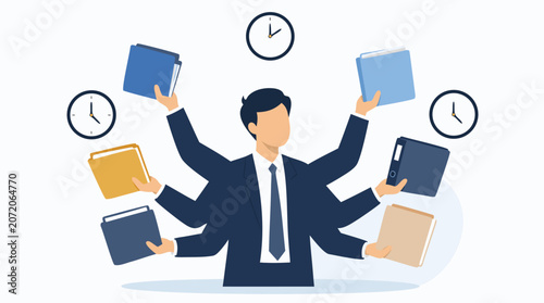 Faceless multitasking businessman juggling multiple folders and clocks in a clean flat vector illustration on a light background.