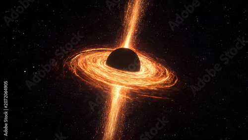Cosmic black hole emitting intense energy jets and glowing accretion disk against deep space backdrop for futuristic science astronomy