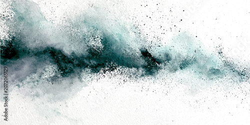 Abstract swirling turquoise powder explosion against white backdrop, dynamic cloud of dust and particle dispersion, high-speed photography