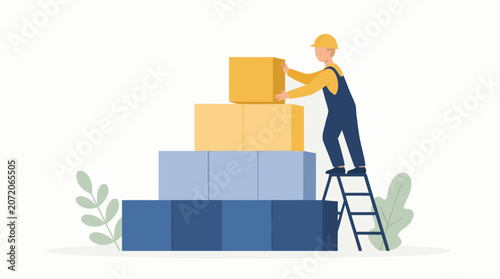 A worker in a yellow hard hat on a stepladder carefully placing the final box block on top of a blue and gold tiered pyramid structure, representing goal achievement and project completion, ideal for 