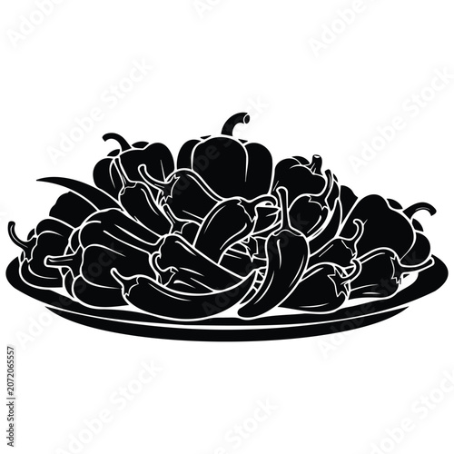 Tableau sur toile Plate full of various types of fresh peppers and chilies vector silhouette illustration