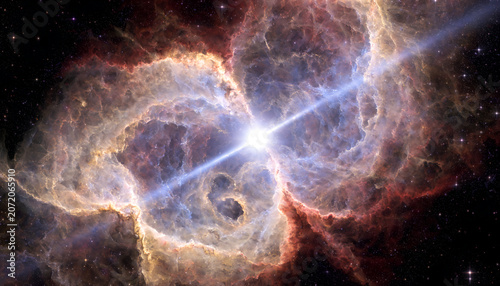Cosmic nebula explosion with vibrant gases and bright starburst illuminating the deep space galaxy in stunning astronomy photography