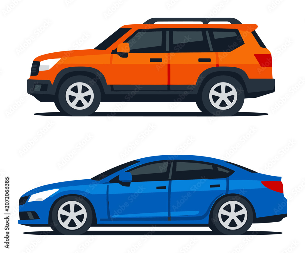 Fototapeta premium Orange SUV contrasts with a blue sedan, showcasing two vehicle types in a clean flat-design illustration