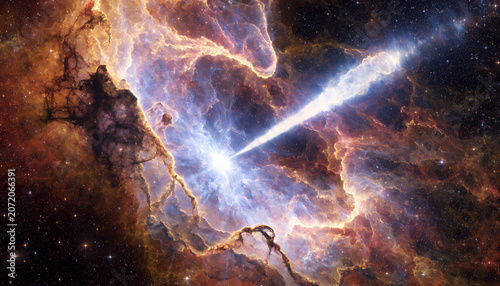 Cosmic nebula eruption with radiant jet stream illuminating dark space against swirling interstellar gas clouds