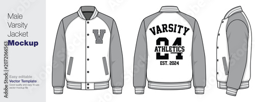 Foto Men's Varsity Jacket Mockup Vector Template - Front, Back, and Side View