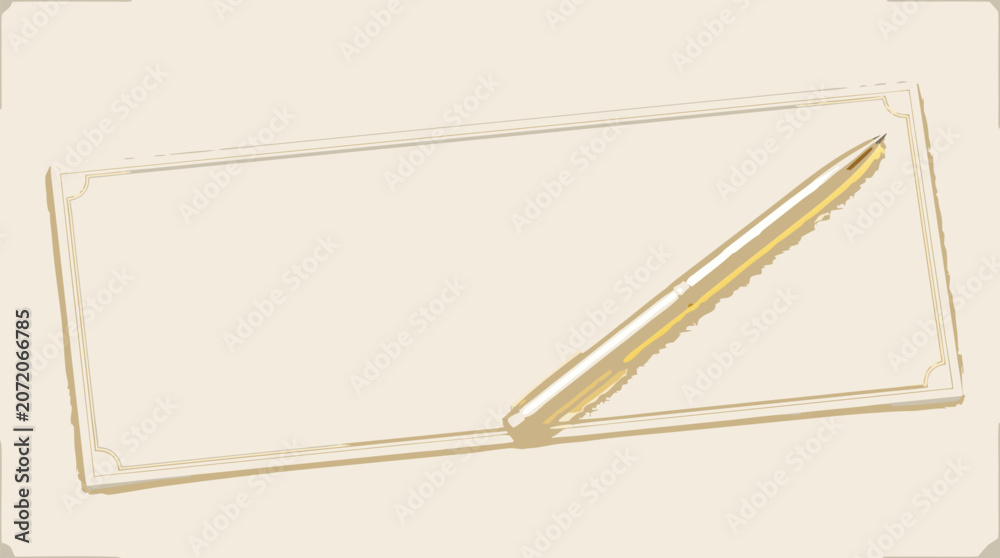 Naklejka premium Blank business check document with a glowing golden ballpoint pen resting diagonally in a flat vector illustration suited for finance and contract signing themes.