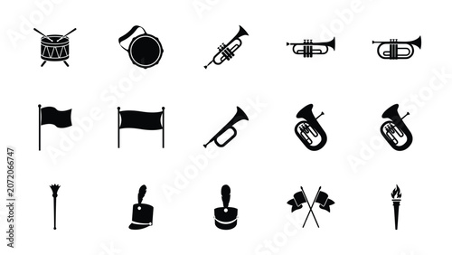 Fotografie Musical instruments and marching band equipment icons featuring brass horns and drums set