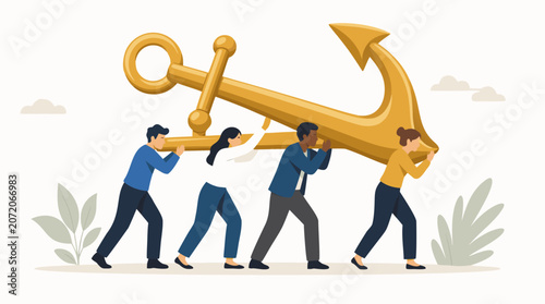 Four diverse faceless people struggling to carry an enormous golden anchor together shown as a flat vector illustration on a light background, representing debt or financial burden, suitable for finan