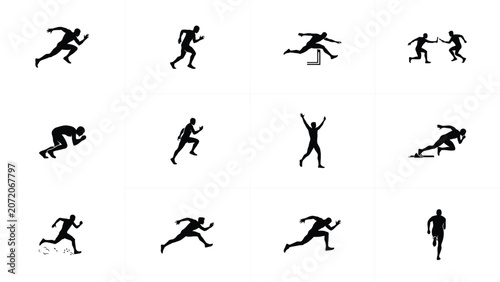 Foto Athletic track and field sport icons set depicting sprinters hurdlers and relay runners