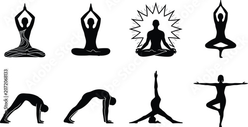 Konstfotografi Black silhouette vector yoga pose bundle containing meditation lotus position tr