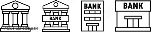 Four black and white line art icons of bank buildings with columns and signage