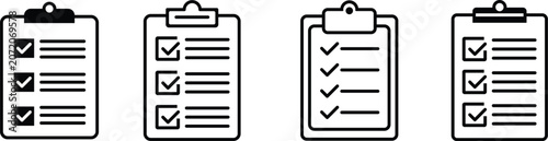 Set of four black and white checklist clipboard icons with checkmarks and lines