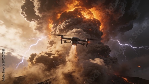 Flying quadcopter drone approaching eruptive ash column at volcanic summit, with gimbal and lava