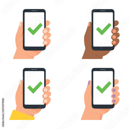 Hands of varied skin tones hold phones displaying a green checkmark, indicating successful updates and digital approval