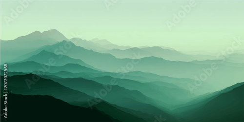 Schilderij op canvas Misty ethereal mountain range layered peaks receding into soft atmospheric haze, serene gradient hues, majestic vista