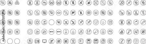 Dietary restriction and food allergy warning sign icons set for healthy eating and nutrition labels. Vector illustration