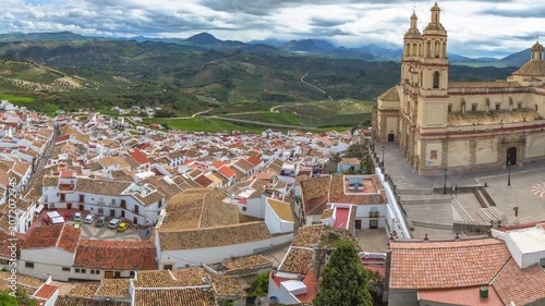 Panorama of Olvera and Cathedral seen from the Castle of the famous village de la Ruta de los Pueblos Blancos, white villages, between Cadiz and Malaga, Andalusia, Spain.