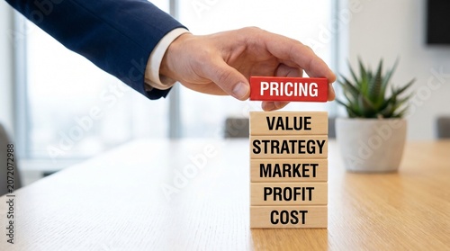 Business handshake over pricing strategy words chart on office desk with potted plant in daylight