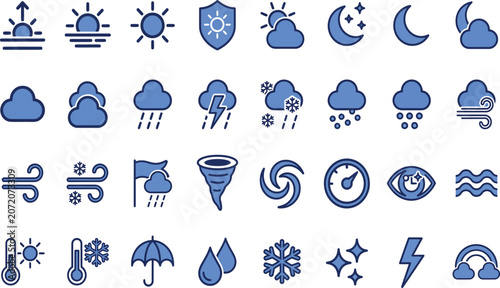 Bild auf Leinwand Weather forecast icon set flat blue symbols for web and mobile application interface design elements