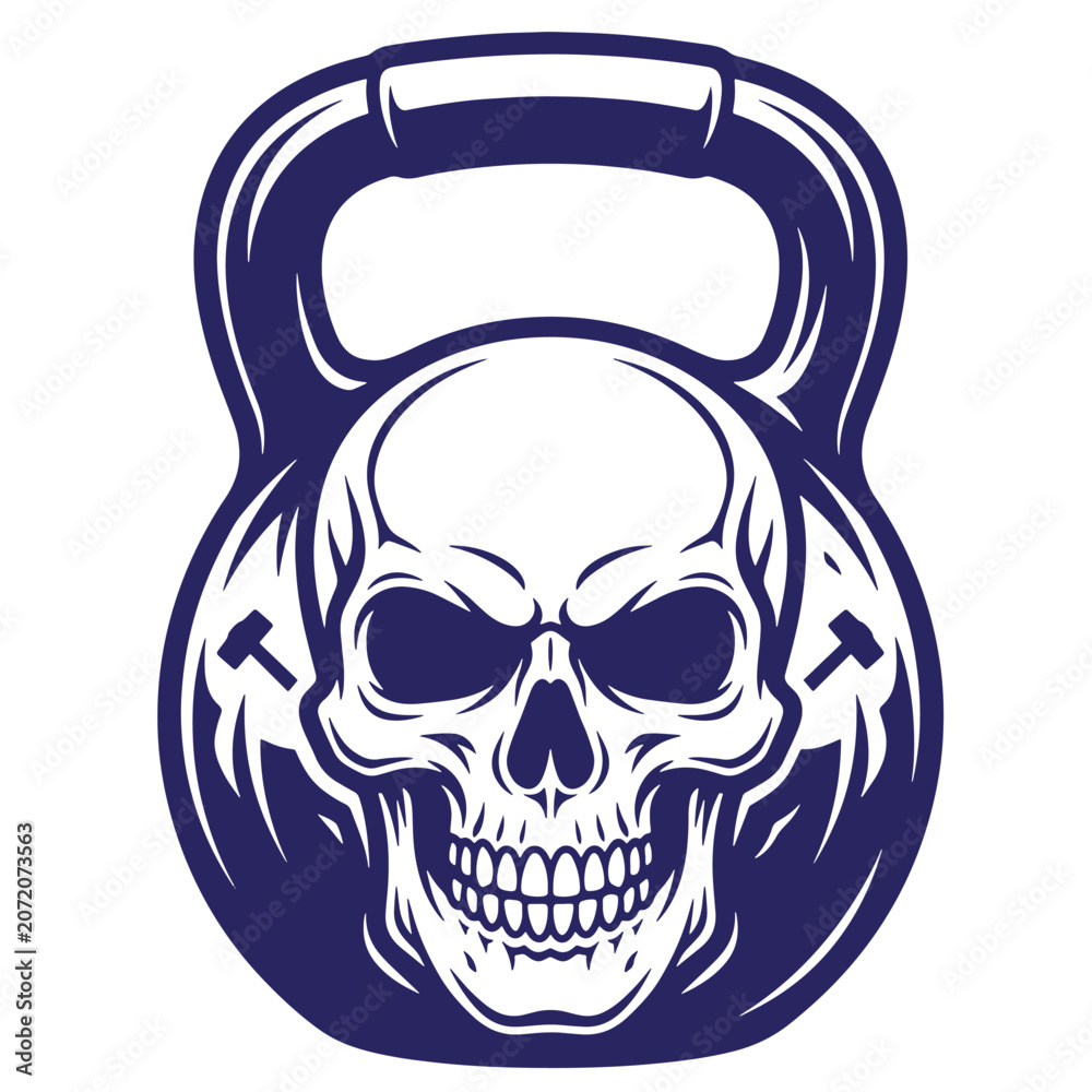 Fototapeta premium A dark blue of a human skull integrated into a heavy kettlebell, isolated on a white background, representing strength, fitness, and bodybuilding culture for gym branding t-shirt poster