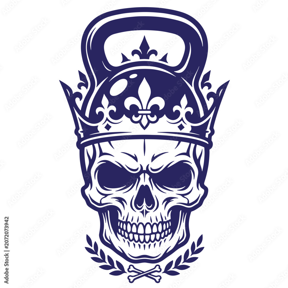 Fototapeta premium A dark blue of a human skull wearing a kettlebell shaped crown with fleur de lis symbols, featuring a laurel wreath and crossed bones at the bottom, isolated on white t-shirt poster