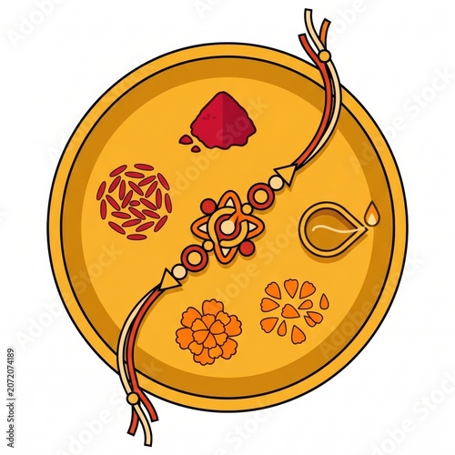Rakhi thali flat lay with diya and rice for Raksha Bandhan celebration