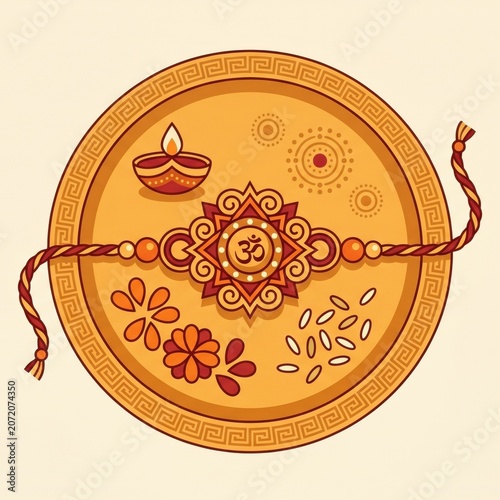 Rakhi thali flat lay with diya and rice for Raksha Bandhan celebration