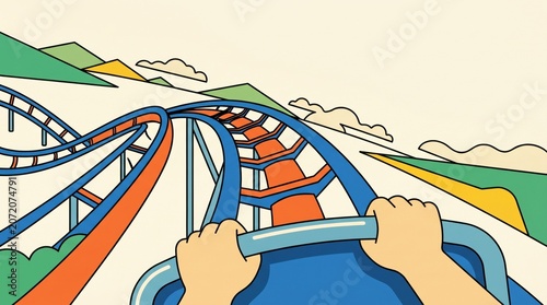 Roller coaster first person view with hand on safety bar illustration