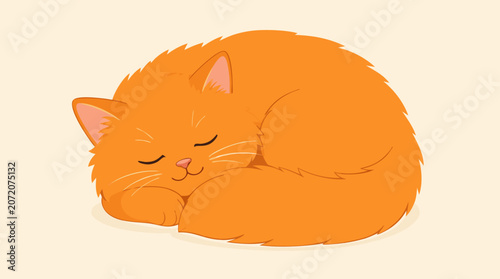 A cute fluffy orange cat curled up and peacefully sleeping shown as a flat vector illustration on a light background, ideal for pet care brands, children's products, and cozy lifestyle content.