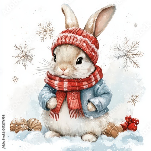 Bunny in cozy winter outfit, hand drawn Christmas illustration in watercolor style. Merry Christmas and Happy New Year greeting card design