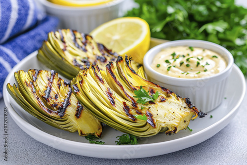 Grilled artichoke halves served with lemon and dipping sauce, garnished with herbs, create delicious and vibrant dish
