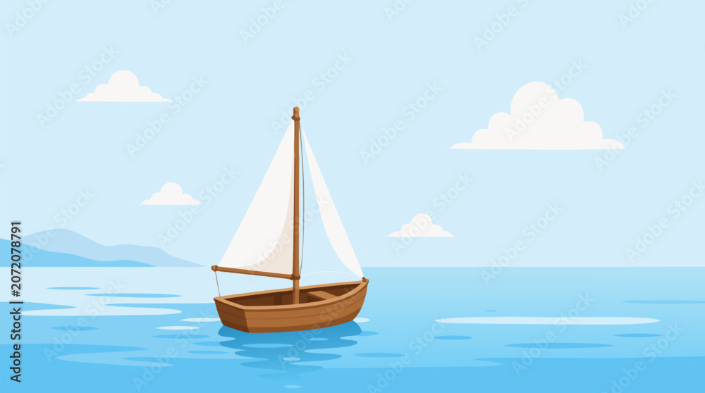 Naklejka premium A small wooden sailboat glides across a calm blue sea with distant mountains in the background, symbolizing adventure, travel, and peaceful maritime journeys as a flat vector illustration.