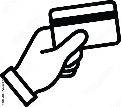 Hand holding credit card ready for payment or transaction in simple line icon style