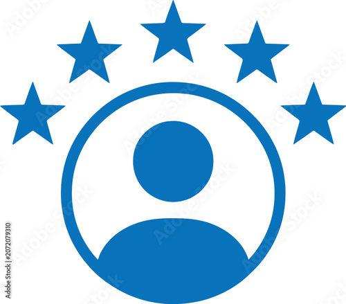 Professional icon featuring person silhouette surrounded by five bright stars isolated on transparent background