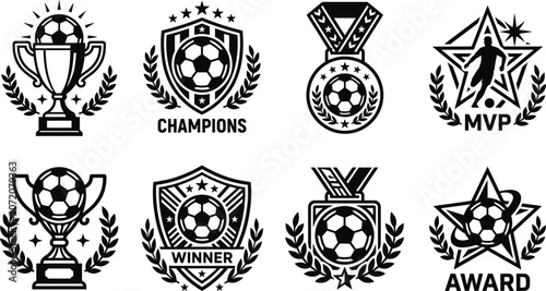 Obraz na plátně Black soccer trophy and medal icons with champions winner award
