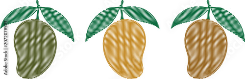 Photos A set of three mango fruits with leaves created using a detailed embroidered stitch effect