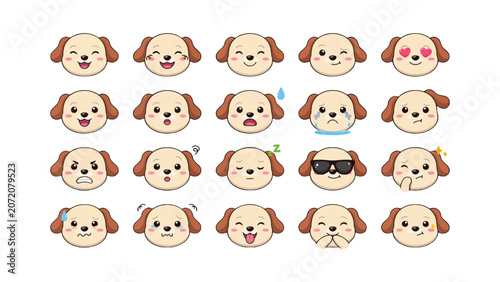 Cute Dog Emoji Faces Set – Cartoon Puppy Expressions, Funny Pet Emoticons and Animal Character Collection