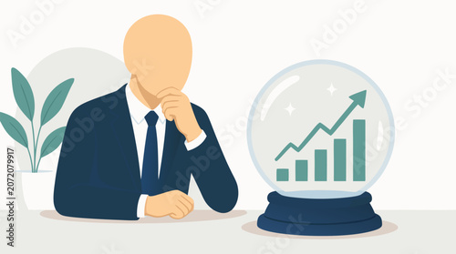 A faceless businessman in a suit gazing into a crystal ball that reveals an upward-trending bar chart inside shown as a flat vector illustration on a light background, perfect for financial forecastin