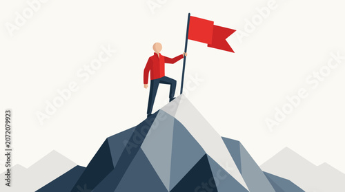 A faceless leader in a red jacket planting a bold red flag on the peak of a geometric polygon mountain shown as a flat vector illustration on a light background, ideal for leadership coaching services