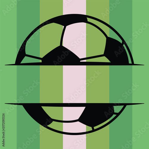 Split soccer ball monogram frame on green striped background vector illustration